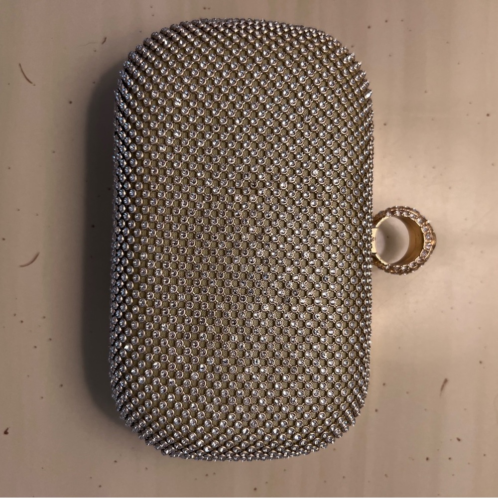 Silver Rhinestone Clutch with Ring Handle
